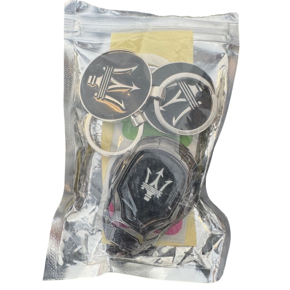 Maserati Logo Keychain and Ignition Button Cover Set Black Silver 3 Piece - Picture 1 of 4